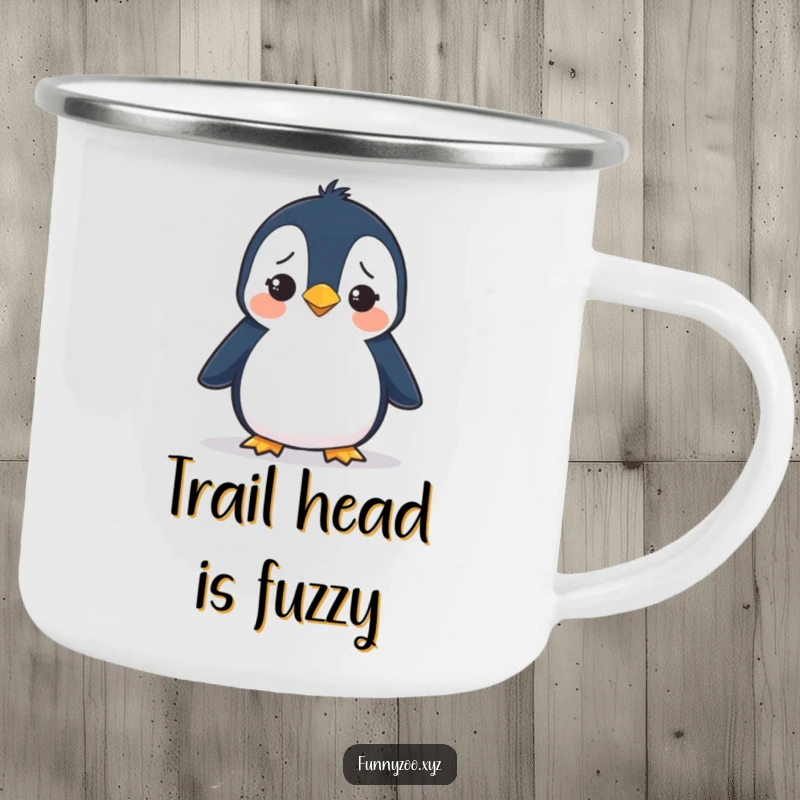 Funny camping mug showing a penguin waddling with a confused expression, perfect for outdoor enjoyment.