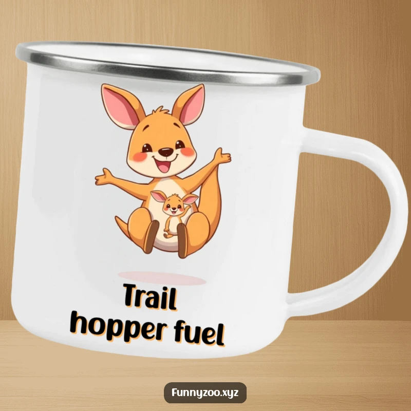 Funny Kangaroo Camping Mug: A happy kangaroo mom bouncing with her joey in the pouch, ready for outdoor adventures and warm drinks.