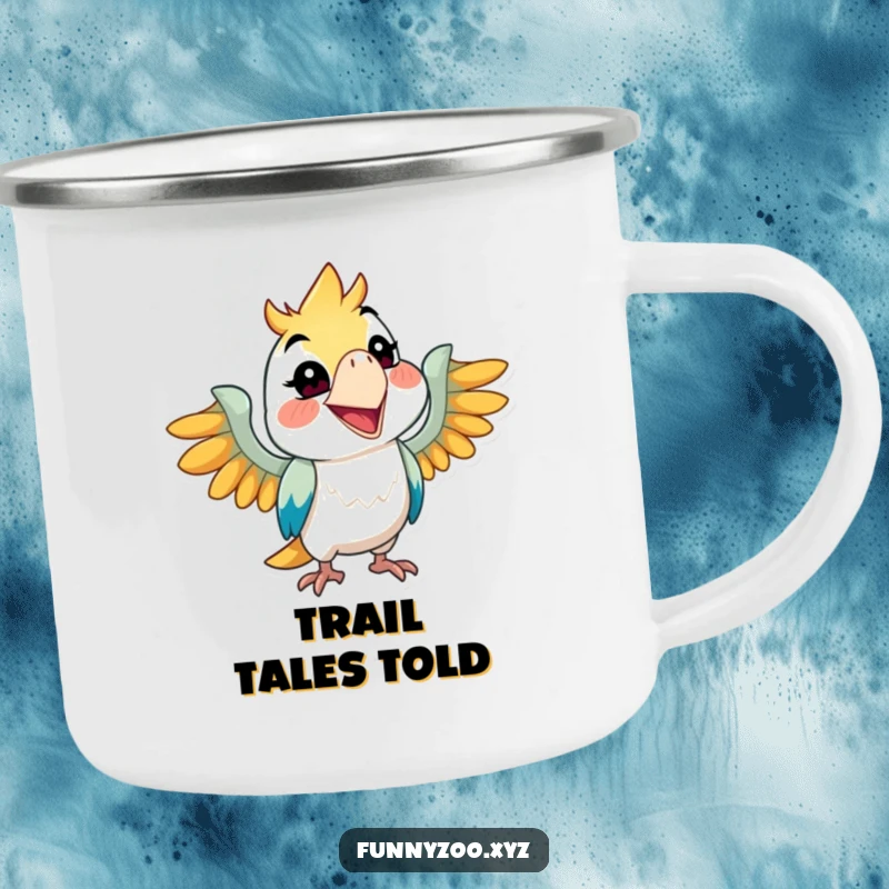 Funny parrot camping mug, character squawking with a wide grin, durable for outdoors, mischievous and fun, great funny gift.