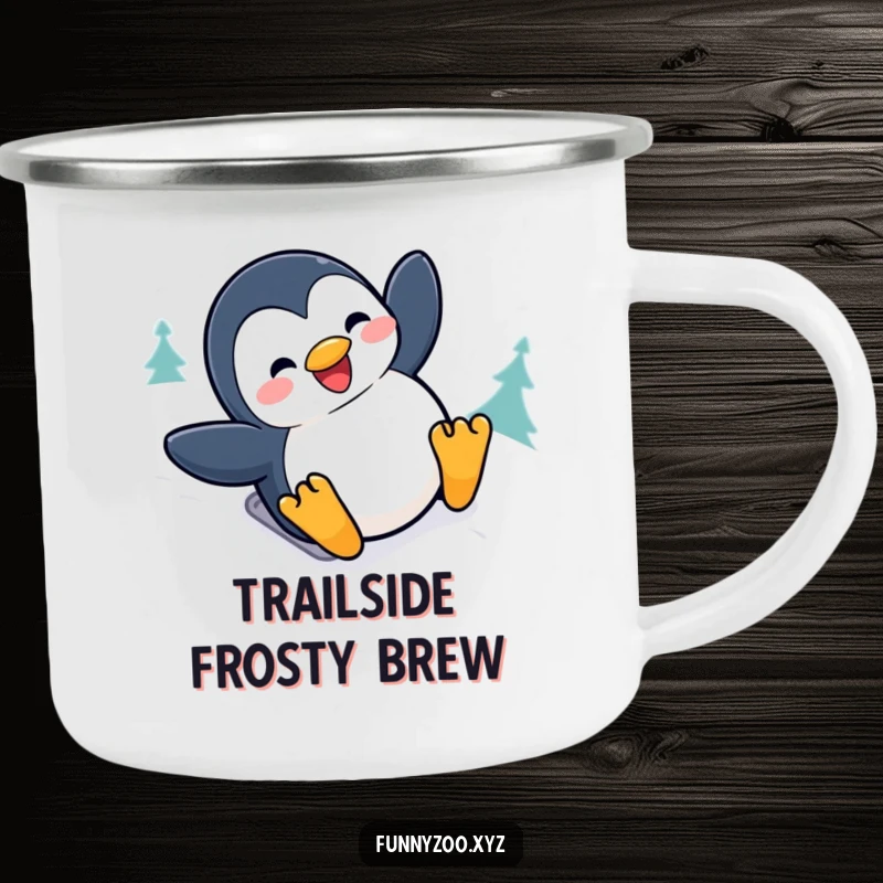 Funny penguin camping mug featuring a joyful character sliding down a snowy hill with a big grin, for humorous outdoor enjoyment.
