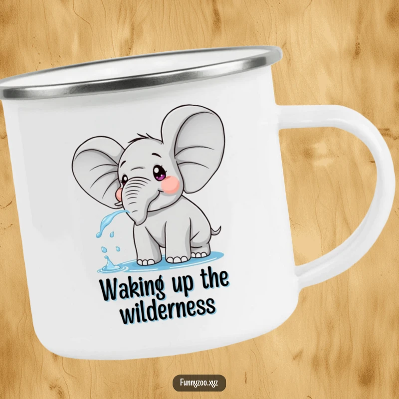 Funny camping mug depicting a surprised elephant with oversized ears, playfully spraying water, ideal for nature lovers.