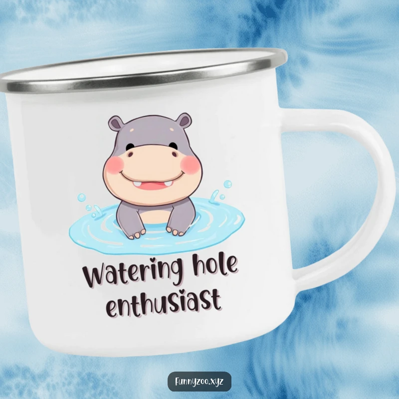 Funny Hippo Camping Mug: A smiling hippo splashes in a tiny pool, bringing funny and cheerful vibes to your camping trips.