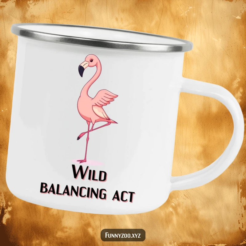Funny camping mug showing a flamingo doing a wobbly handstand, ideal for outdoor lovers with a sense of humor.