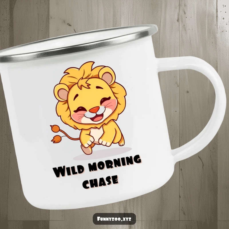 Funny Lion Chasing Tail Camping Mug: A sturdy camping mug featuring a mischievous lion chasing its tail, ready for outdoor fun.