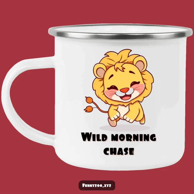Funny Lion Chasing Tail Camping Mug: Outdoor Fun for Gifts