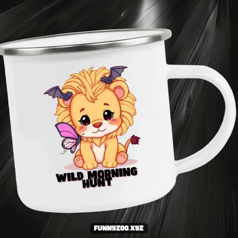 Funny camping mug featuring a playful lion cub with a fluffy yarn mane, batting at a butterfly.