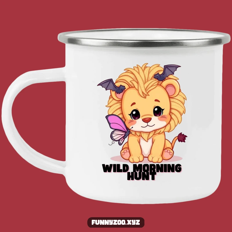 Funny Lion Cub Camping Mug: Outdoor Play with Yarn Mane and Butterfly Chase