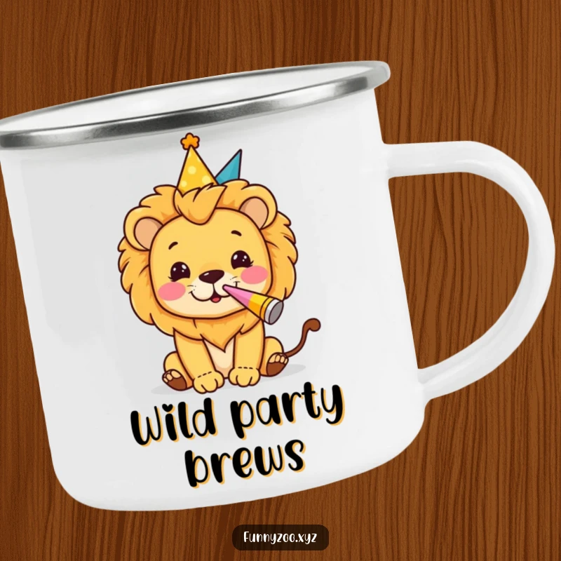 Funny enamel camping mug featuring a lion in a party hat blowing a party horn, for festive outdoor moments.