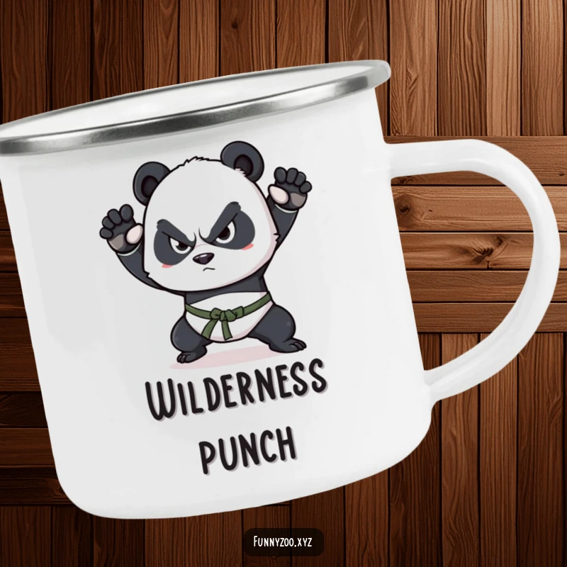 Funny panda camping mug, determined squint, practicing martial arts, perfect for outdoor training and staying focused.