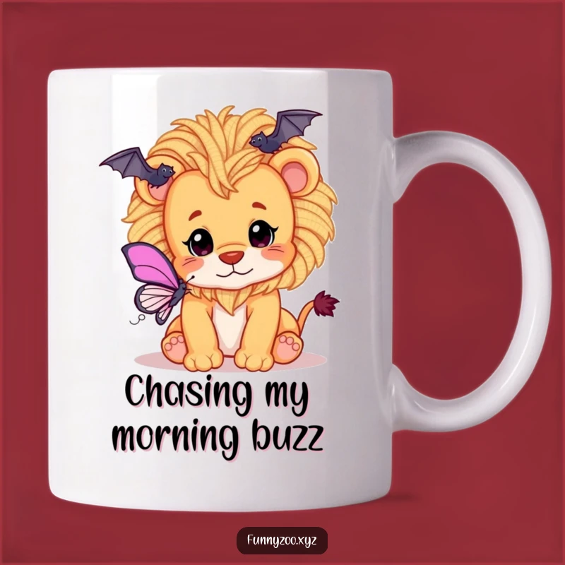 Funny Lion Cub Mug: Playful Yarn Mane Bats Butterfly - Cute Animal Gift