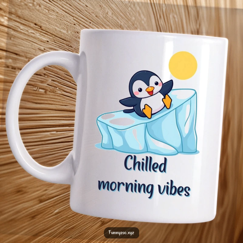 Funny Penguin Mug cheerfully sliding down a colorful iceberg, conveying pure joy and a playful spirit, a delightful funny gift.