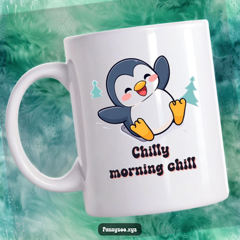 Funny penguin mug featuring a happy character joyfully sliding down a snowy hill with a massive grin, embodying winter delight.