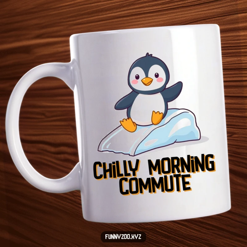 Funny Mug: Playful penguin joyfully sliding down a miniature ice slide, a cute and amusing winter scene.
