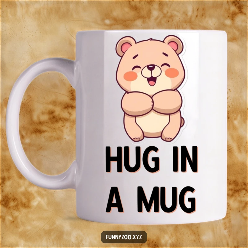 Funny cheerful bear mug, giving a big, warm, and happy hug, radiating comfort and joy.