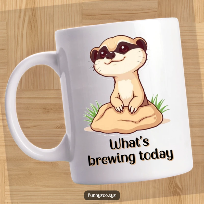 Funny curious meerkat mug, popping its head up from a burrow with wide, inquisitive eyes, looking around.
