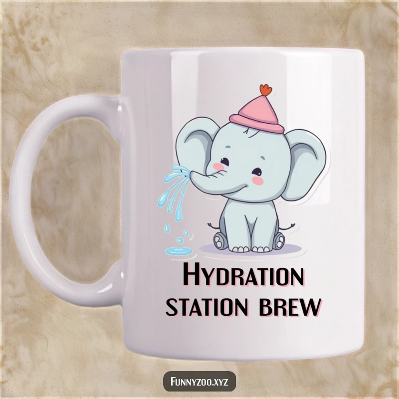 Funny Elephant Rainbow Spray Mug: A happy elephant wearing a tiny hat sprays water from its trunk, creating a colorful rainbow on a mug.