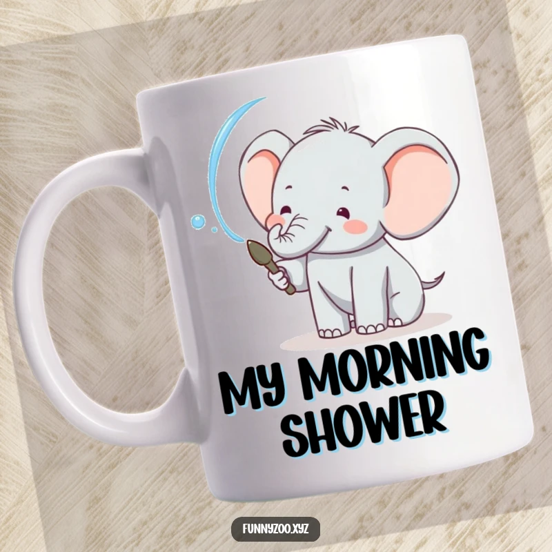 Funny elephant mug with a cheerful character spraying water playfully, evoking joy and a touch of mischief.