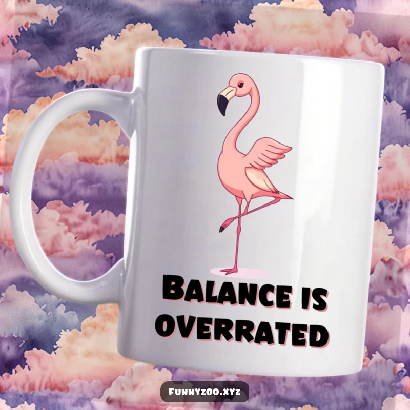 Funny mug featuring a flamingo struggling to do a handstand, legs wobbling comically, a humorous portrayal of effort and grace.