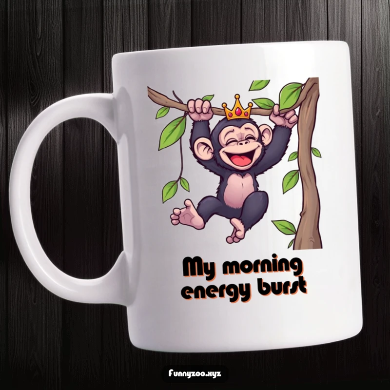 Funny mug featuring a giggling chimpanzee wearing a tiny crown, swinging wildly from a vine, expressing pure joy and mischief.