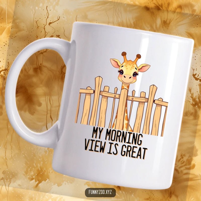 Funny mug showing a cheerful giraffe's head peeking curiously over a tall fence, radiating happiness and gentle humor.