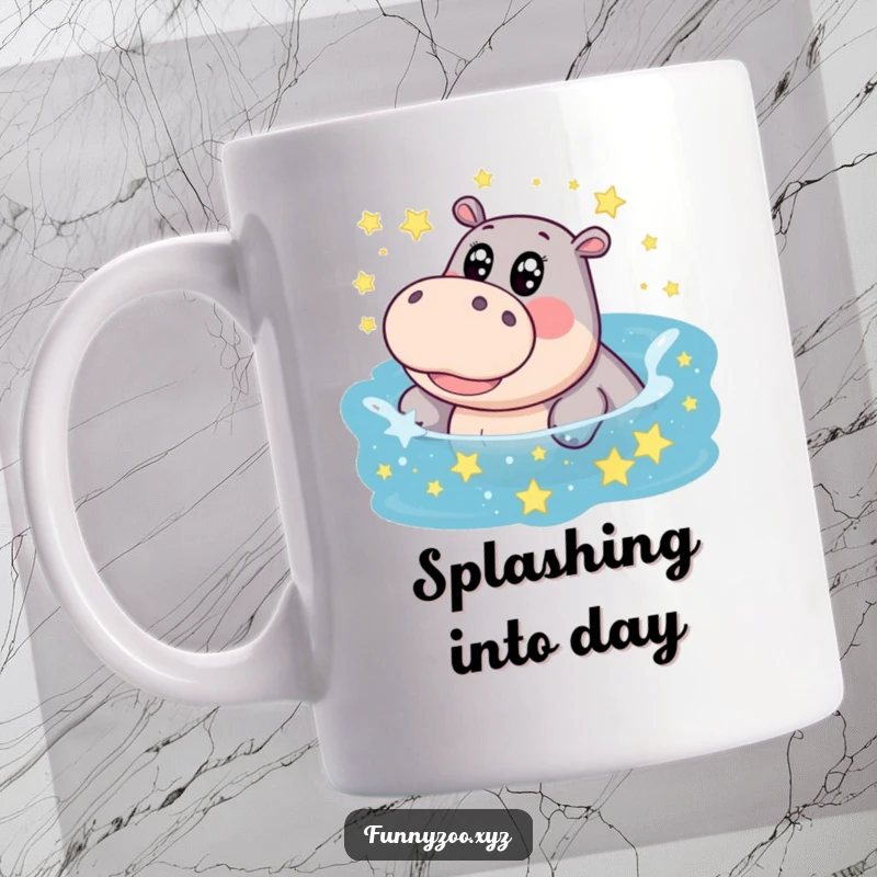 Funny hippo mug, big eyes, giggling as it splashes in a pool filled with twinkling stars, radiating pure joy.