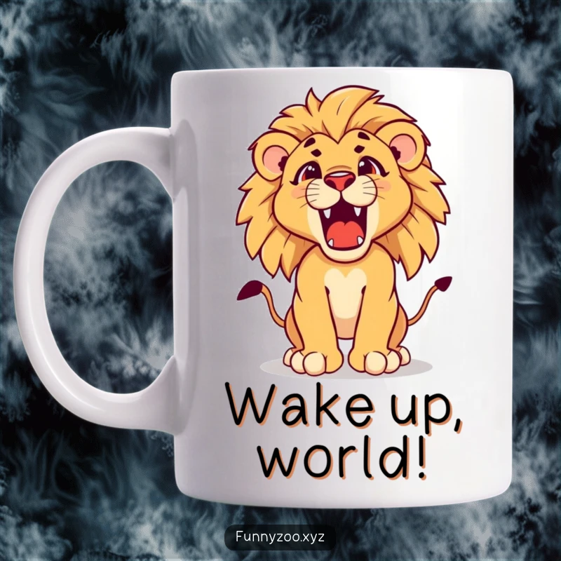 Funny lion cub mug showing a small, determined lion cub cub practicing its majestic roar with fierce concentration.
