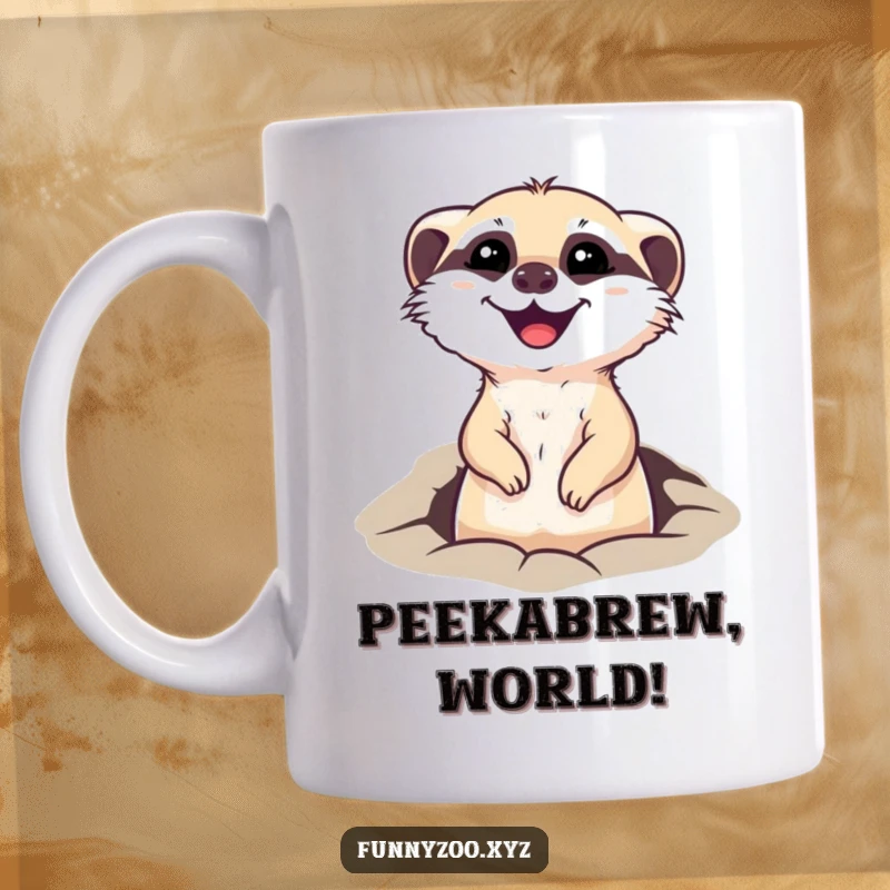 Funny mug with a happy meerkat character popping its head out of a hole in the ground, looking alert and cheerful.