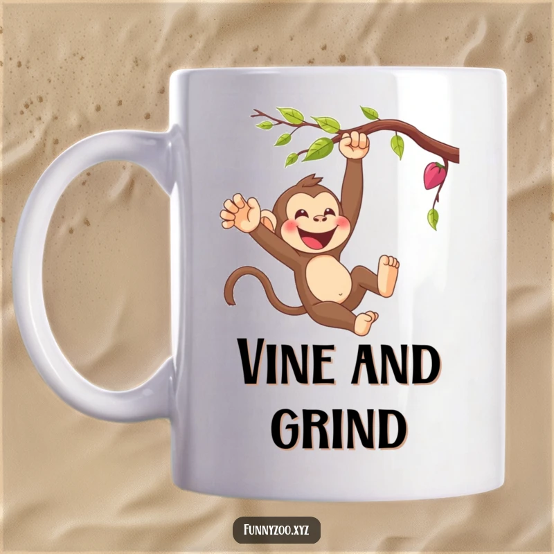 Funny monkey swinging from a vine, captured mid-air with a gleeful expression on this mug. Perfect for jungle lovers.