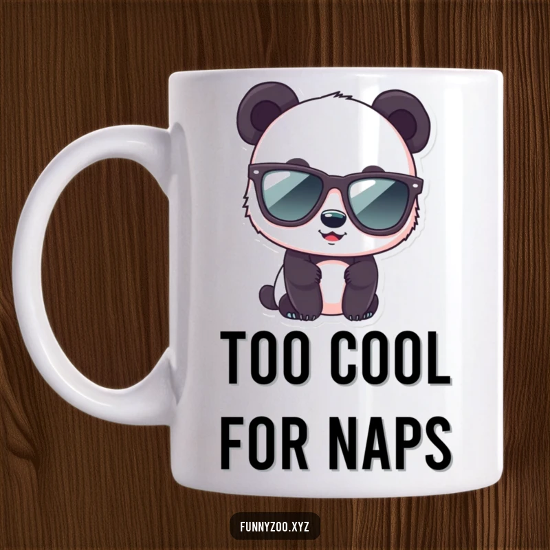 Funny panda mug featuring a cute bear character wearing comically oversized sunglasses with a cool expression.
