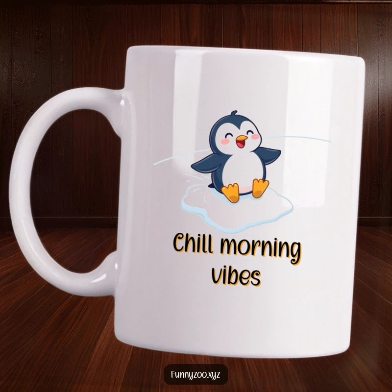 Funny cartoon penguin sliding gleefully down an icy slope, captured mid-action on this mug. A wintery delight.