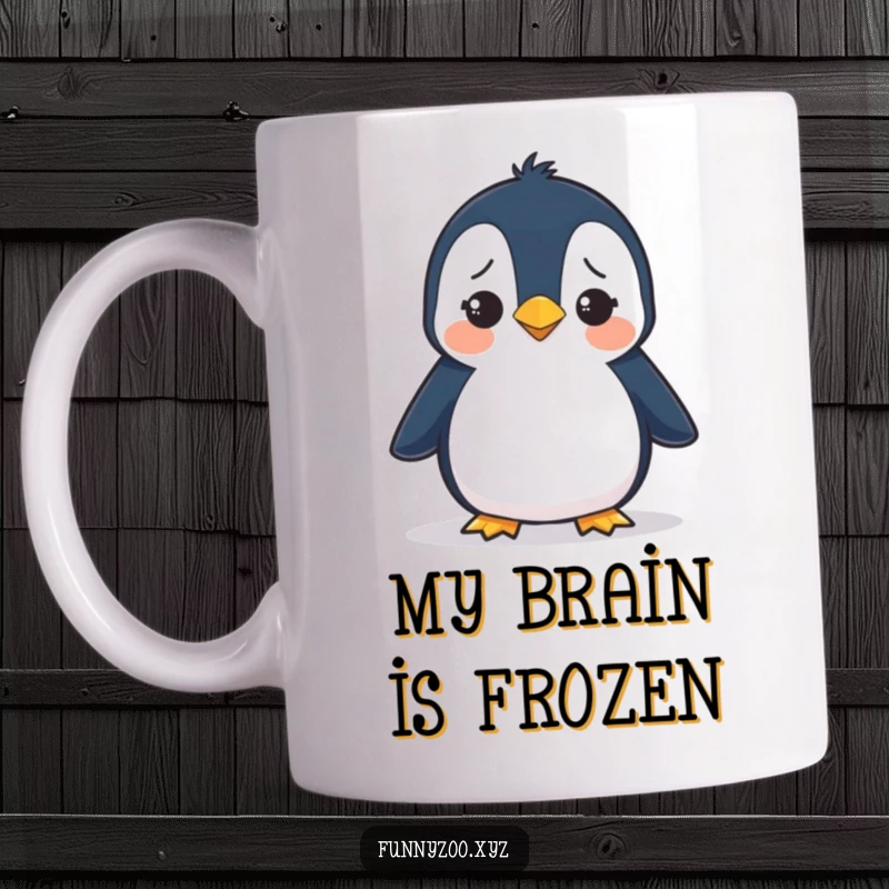 Funny mug featuring a comical penguin waddling with a bewildered and slightly confused facial expression, radiating awkward charm.