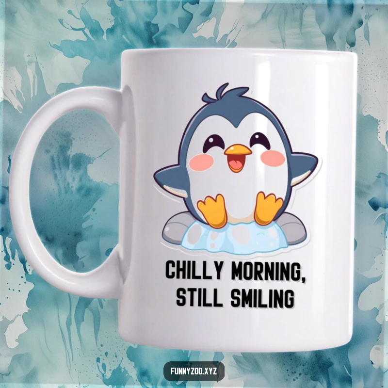 Funny Penguin Waterfall Mug a surprised penguin with slicked feathers slides gleefully down a waterfall, capturing a moment of thrilling fun.