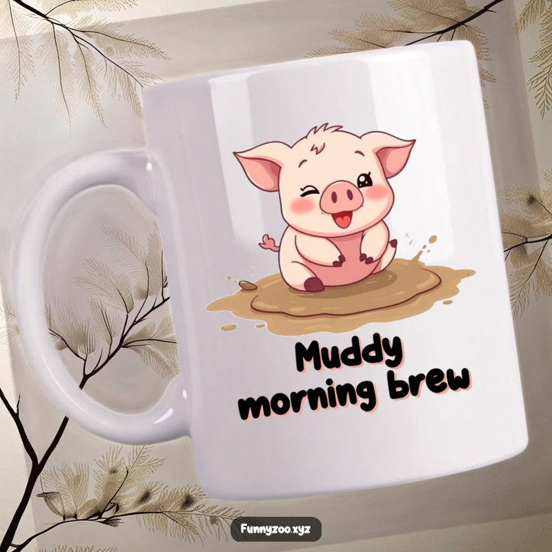 Funny piglet mug with character happily rolling in a mud puddle, silly and joyful, perfect funny gift.
