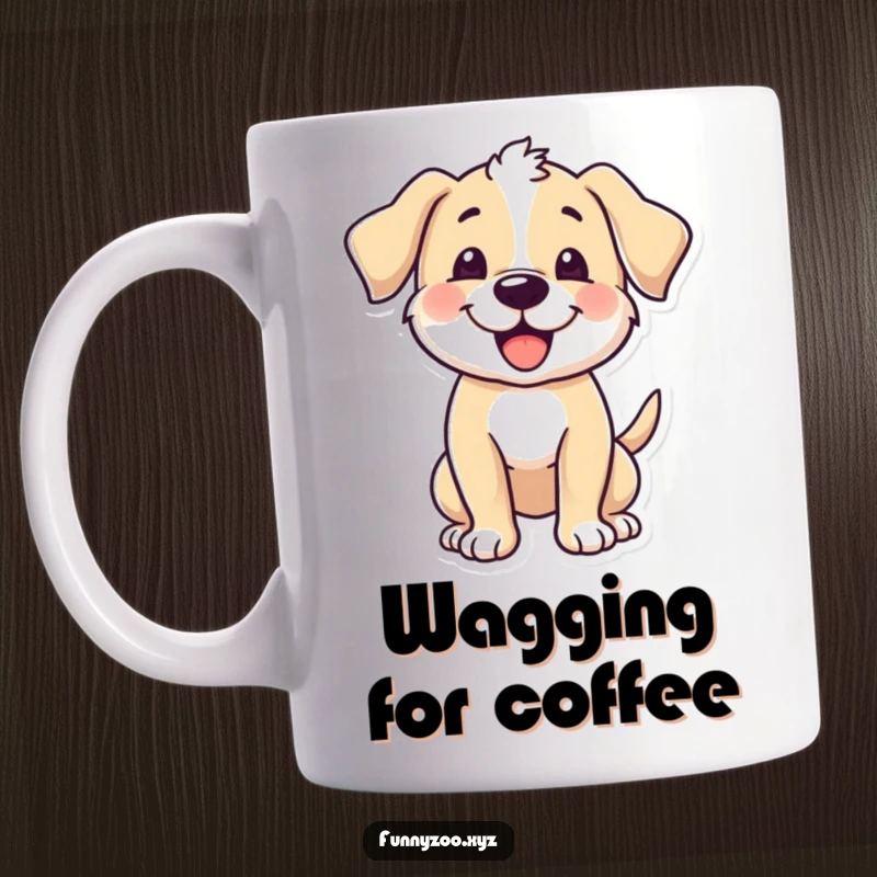 Funny puppy mug with character excitedly wagging its tail, happy and joyful, perfect funny gift.