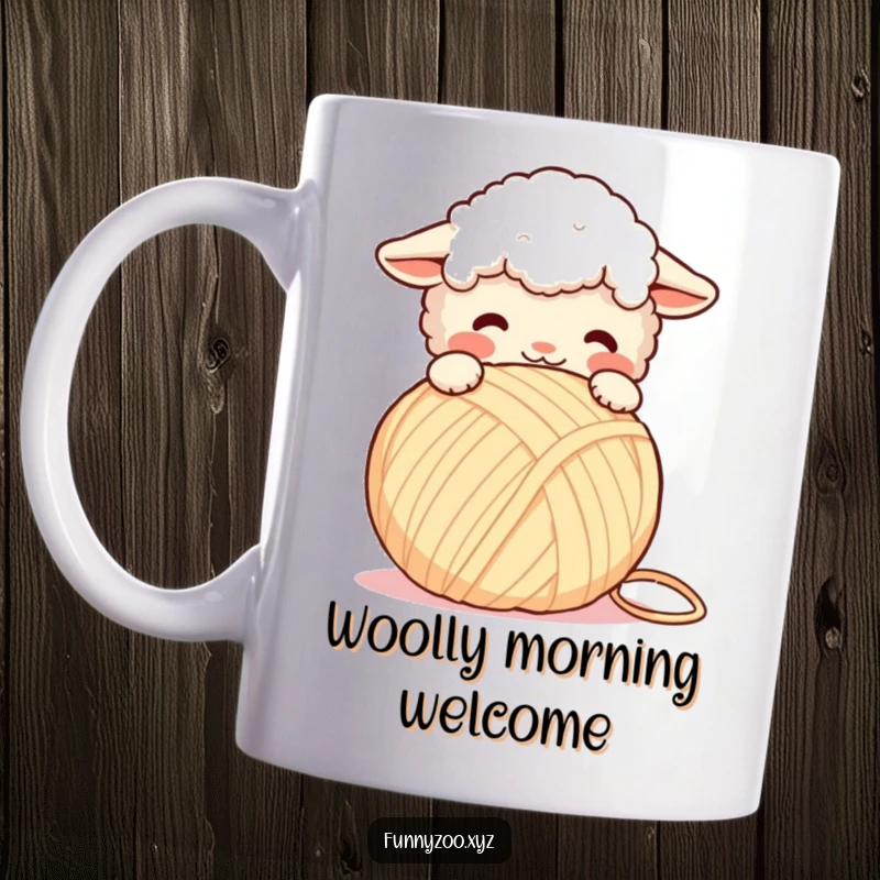 Funny Mug: Fluffy sheep playfully headbutting a giant yarn ball, a cute and humorous craft-themed scene.