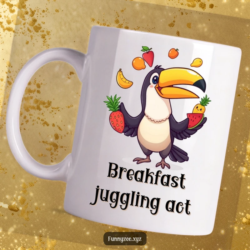 Funny Toucan Juggler Mug: Comical bird character expertly juggling a colorful assortment of fruits with a cheerful demeanor.