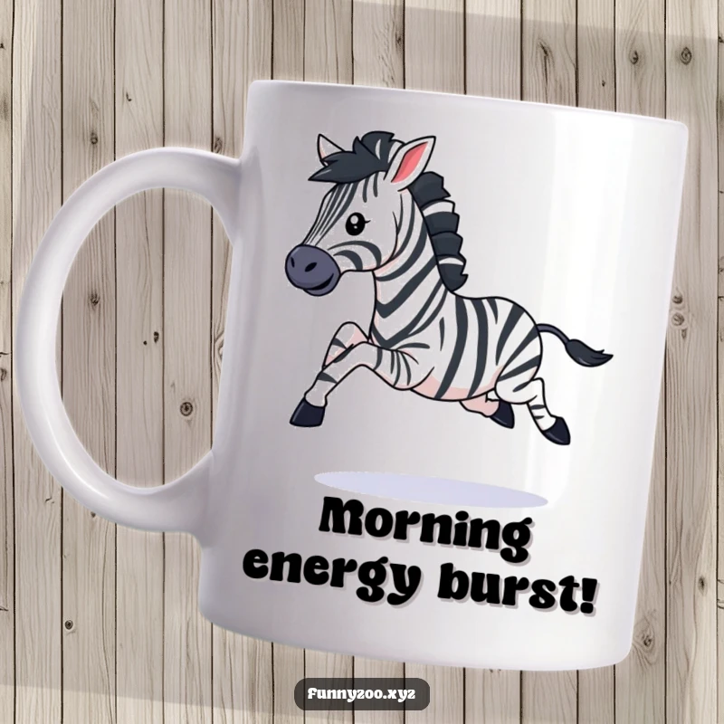 Funny mug featuring a playful zebra character joyfully galloping with its legs kicking high, expressing pure, unbridled energy.