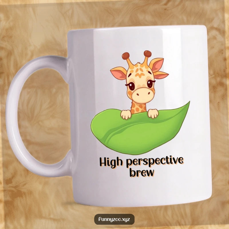 Funny Giraffe Mug giggling while peeking over a giant leaf, conveying pure joy and a playful nature, a delightful funny gift.