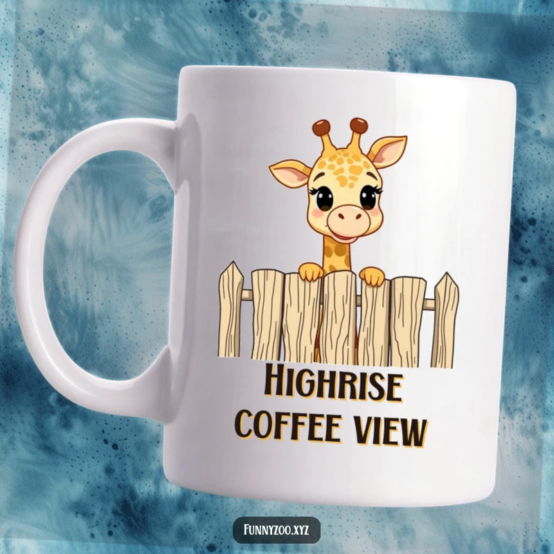 Funny Mug: Cheerful giraffe peeking over a tall fence with an amused expression, a humorous and delightful scene.