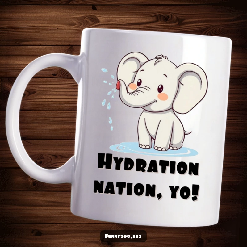 Funny elephant mug showing a happy elephant character playfully spraying water with its trunk, bringing smiles and joy to every sip.
