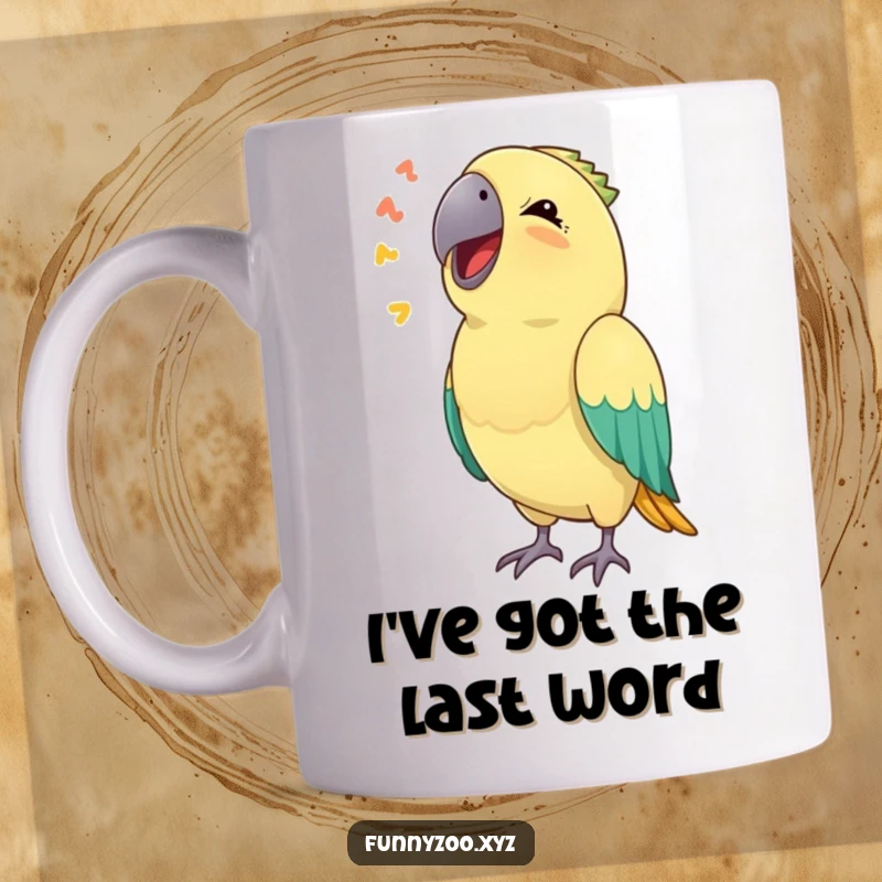 Funny mug showing a delighted parrot mimicking a sound, with a comical expression, capturing avian humor perfectly.