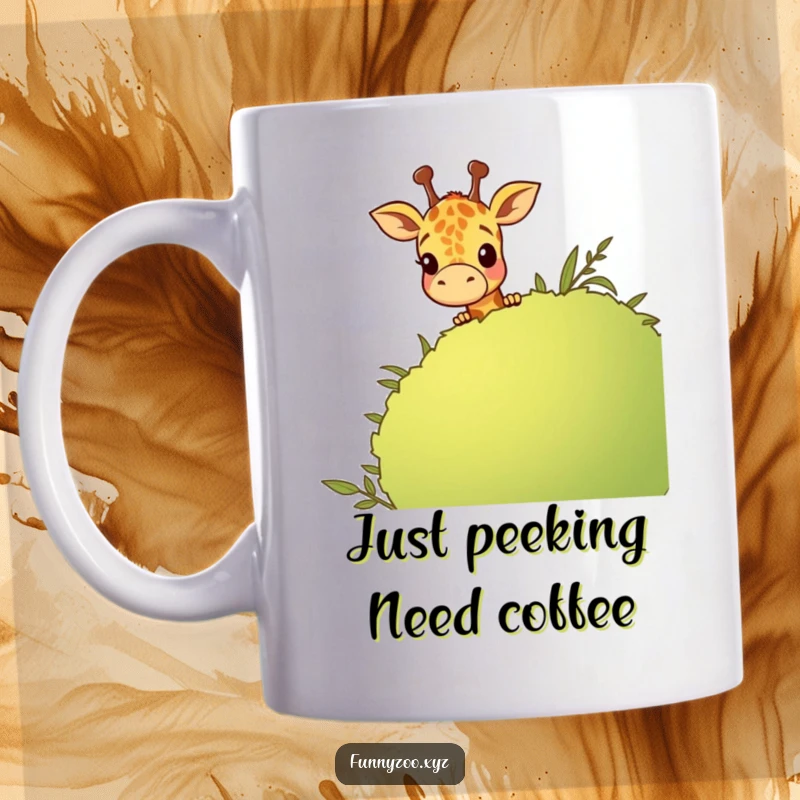 Funny giraffe peeking curiously over a tall green cartoon bush, a humorous and delightful scene for any mug.