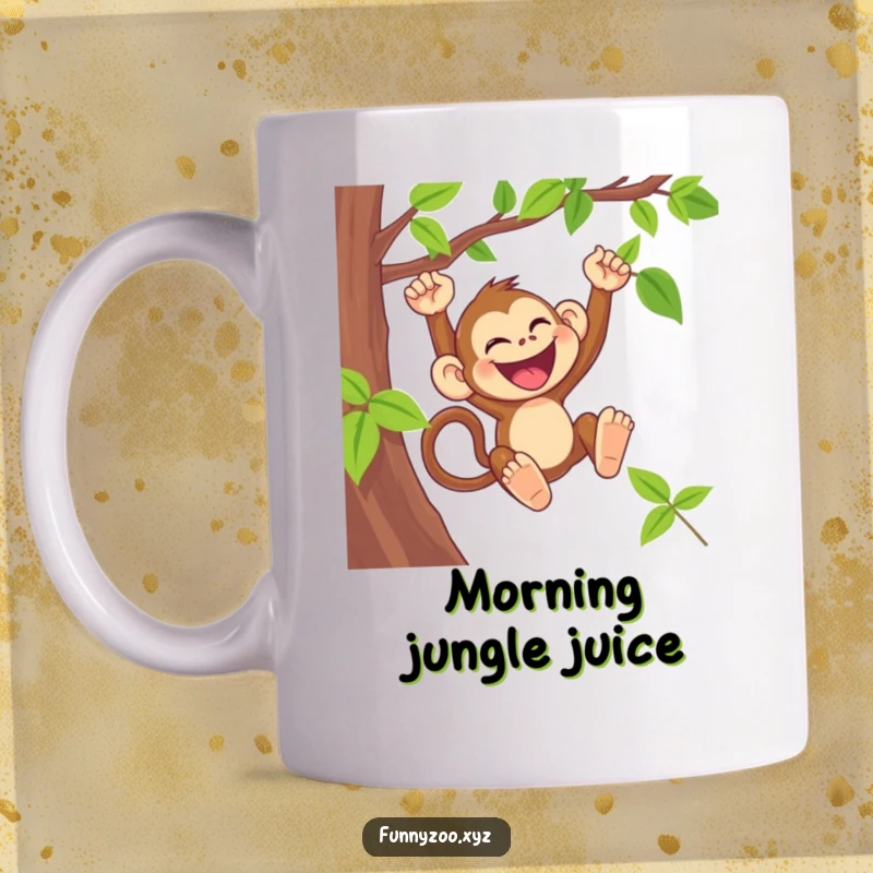 Funny monkey mug depicting a laughing primate swinging joyfully from a vine, full of glee.
