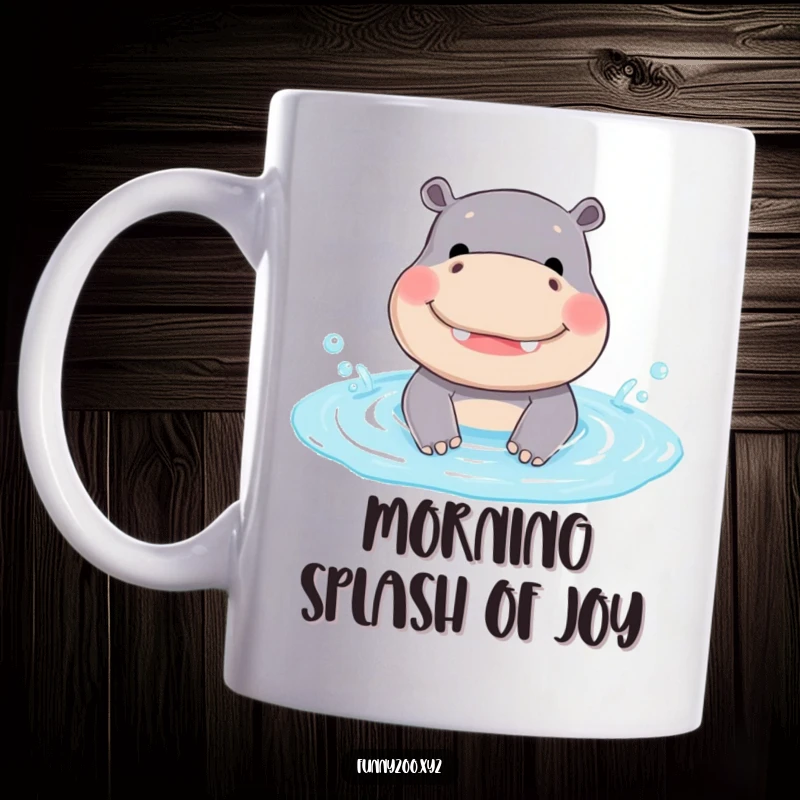 Funny Hippo Mug: A joyful hippo with a wide smile happily splashes in a small pool, exuding pure, funny delight.