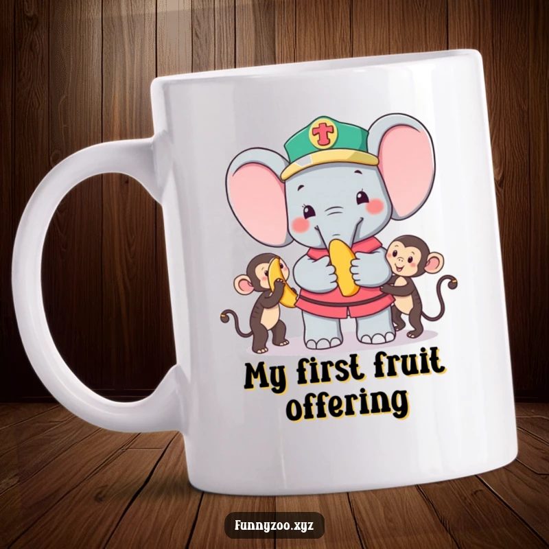 Funny Mug: Cute elephant zookeeper cheerfully offering a banana to an excited monkey, a delightful and humorous zoo scene.