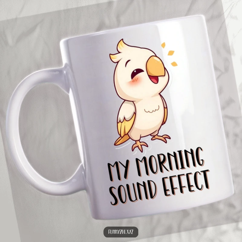 Funny parrot mug featuring a smiling bird character with its beak open, mimicking a funny sound.