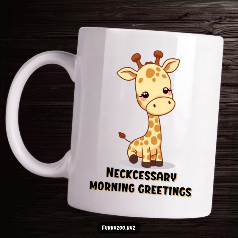 Funny giraffe mug with character lowering head to greet, friendly and playful, a perfect gift.