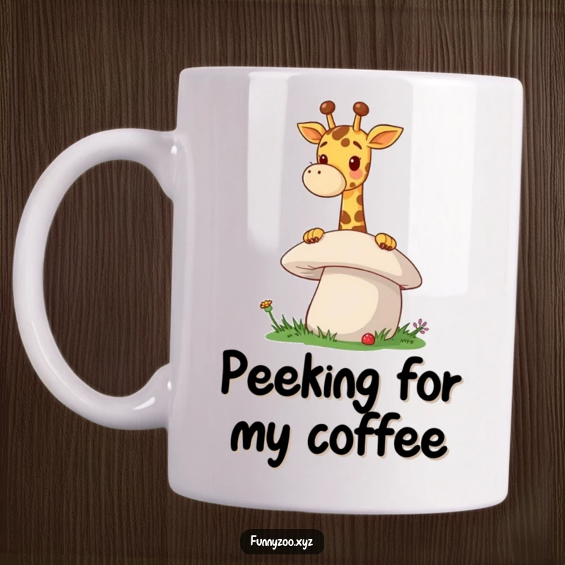 Funny Giraffe Mushroom Mug a cheerful giraffe with its long neck playfully peeks over a giant mushroom, showcasing curiosity and joy.