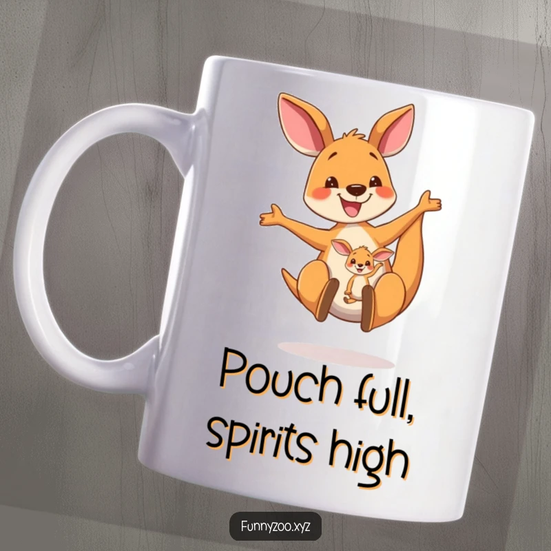 Funny Kangaroo Mug: Energetic mom kangaroo bouncing high with a cute joey safely nestled in her pouch, spreading pure delight.