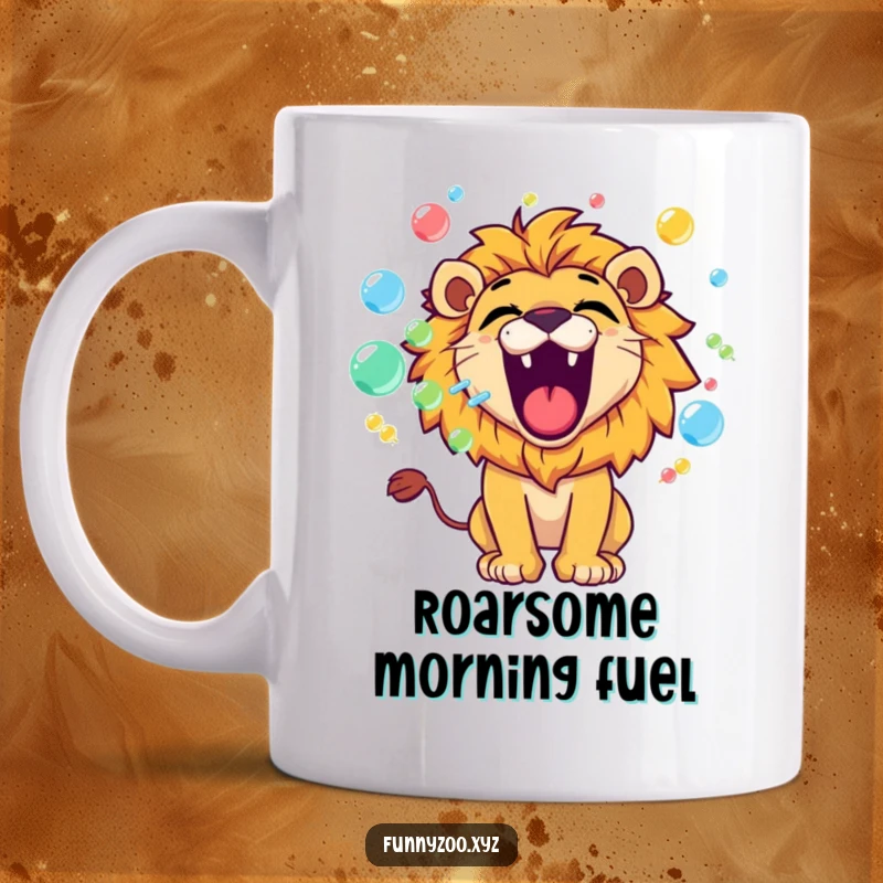 Funny lion mug with a playful character roaring and blowing a stream of colorful bubbles, symbolizing joyful expression.
